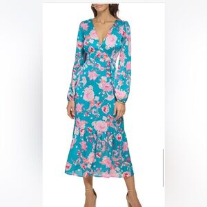 Kensie Floral Long Sleeve Lace-Up Satin Maxi Dress 8 NWT